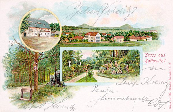 This postcard from the turn of the 19th and 20th century presents the village with a detail of the restaurant (upper left) and the park-like arrangement of the surroundings of the local health resort (centre).