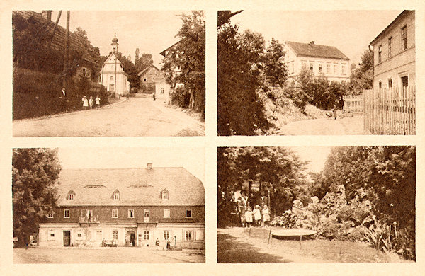 On this picture postcard from the 20s of the 20th century in the upper part you see the centre of the village with the chapel of the Visitation of the Blessed Virgin Mary and the area with the former school in the background. The pictures in its lower part show Helzel´s restaurant and one of the quiet spots in the local park.