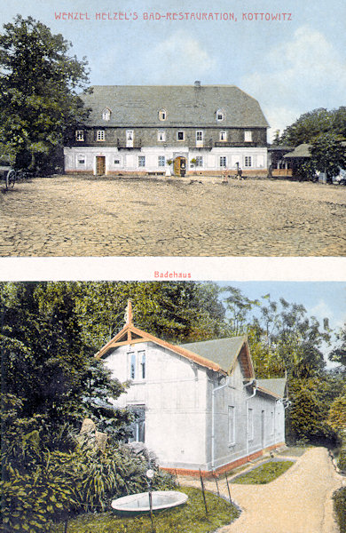 Auf dieser Ansichtskarte vom Anfange des 20. Jahrhunderts sieht man oben die repräsentative Gaststätte Wenzel Helzels und darunter das kleinere Badehaus, in welchem sich früher das Wannenbad befand.