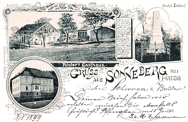 Auf dieser Kopie einer Ansichtskarte von 1899 ist das ehemalige Gasthaus Rösler, das Jirschik-Denkmal in seinem früheren Aussehen (rechts) und das Schulgebäude (links unten).