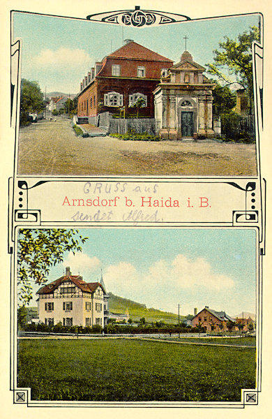 Das obere Bild zeigt die an der Hauptstrasse inmitten der Gemeinde stehende hl. Kreuz-Kapelle aus dem Jahre 1736. In der Villa auf dem unteren Bild befindet sich heute der Kindergarten.