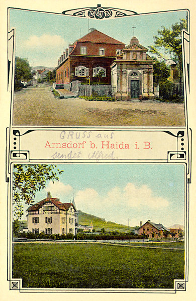 The upper picture shows the chapel of the Holy Cross from 1736 standing at the main road in the village centre. In the villa shown on the lower picture at present there is a nursery.