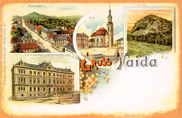 Auf dieser Lithographie vom Ende des 19.Jahrhunderts sieht man sie damalige Postgasse, die vom Stadtplatz in Richtung nach Česká Lípa (Böhm.-Leipa) (links) führt, die Kirche Mariä Himmelfahrt am Stadtplatz (Mitte) und den Berg Klíč (Kleis) (rechts) Das Bild unten zeigt das Gebäude der Fachschule für Glasindustrie.