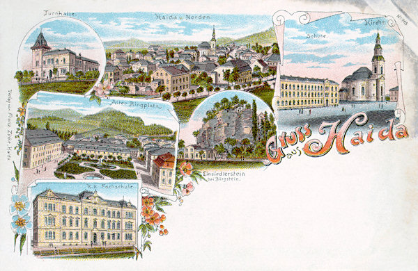 Diese Lithographie zeigt das Stadtzentrum im Blick vom Borský vrch-Berg. Auf den kleineren Bildern links sieht man die ehemalige Turnhalle (oben), den Park an der Nordseite des Stadtplatzes (mitte) und das Gebäude der Fachschule für Glasindustrie (unten), in der Mitte ist der Einsiedlerstein im nahen Sloup (Bürgstein) und rechts ein Teil des Stadtplatzes mit der früheren Bürgerschule und der Kirche Mariä Himmelfahrt.