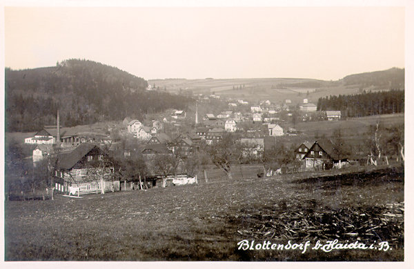 Auf dieser Ansichtskarte sieht man den unteren Teil von Polevsko (Blottendorf). Die Fachwerkhäuser im Vordergrund gehören bereits zu Arnultovice (Arnsdorf).