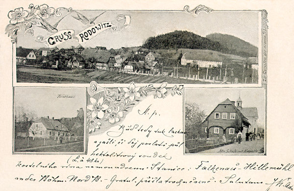 Diese Ansichtskarte vom Ende des 19. Jahrhunderts zeigt die Anischt von Radvanec (Rodowitz) von der Strasse aus Sloup (Bürgstein). Auf den unteren Bildern ist das Hegerhaus im Údolí samoty (Tal der Einsamkeit, Lutzengrund) und die alte Schule mit dem Kirchlein des hl. Antonius.