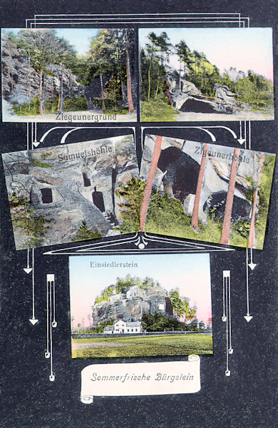 On this picture postcard from 1909 among some pictures of rocks there are also three pictures from the Cikánský důl (Gipsy Valley). To the lower left there is the opening of the valley, to the right the broad portal of the Great Gipsy Cave and below it the Small Gipsy Cave. The picture in the left centre shows Samuel´