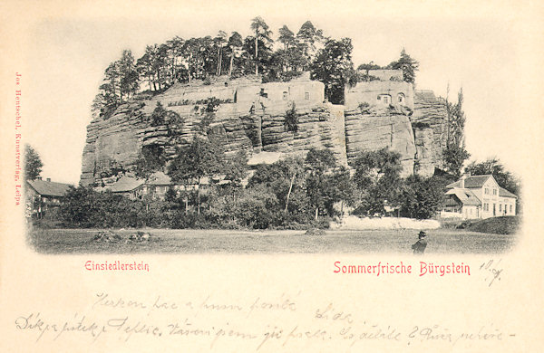 Diese Ansichtskarte aus dem Jahre 1906 zeigt den Poustevnický kámen (Einsiedlerstein) von Südosten.