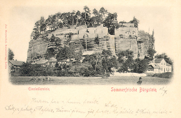 This picture postcard from 1906 shows the Poustevnický kámen (Hermite-rock) as viewed from the Southeast.