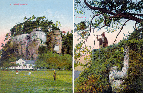 Auf dieser Ansichtskarte ist neben einer Gesamtansicht des Poustevnický kámen (Einsiedlerstein) auch die am Ostrande des Felsens stehende Statue des Einsiedlers Samuel Görner abgebildet.