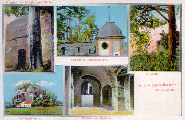 On this picture postcard there are several pictures of the rooms and places of the Poustevnický kámen (Hermite-rock). On the upper left side there is the place with the famous old beech-tree with the names of famous visitors engraved into its bark, in the centre the place with the lantern of the rock-chapel and the openings of the artificial caves, on the right side the spur with the sculpture of the hermit Samuel Görner. In the lower row there is an overall view of the rock tower and the interior of the chapel carved into its rock.