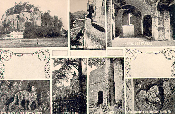 Auf dieser Ansichtskarte sind einige interessante Stellen des Poustevnický kámen (Einsiedlerstein). Oben von links ist eine Gesamtansicht des Felsblockes, der kleine Umgang an der Südwand des Felsens und das Innere der Felsenkapelle. Unten in der Mitte ist der Felsvorsprung mit des Statue des Samuel Görner und die Fläche mit der denkwürdigen Buche, an den Seiten sind einige der in die Wände der Felsenräume eingemeisselten Reliefe abgebildet.