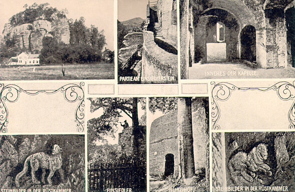 On this picture postcard there are several interesting places of the Poustevnický kámen (Hermite-rock). To the upper left is an overall view of the rock tower, the small gallery on its southern wall  and the interior of the chapel carved into the rock. In the lower centre there is the spur with the sculpture of the hermit Samuel Görner and the place with the famous great beech-tree, on the sides there are several of the carvings engraved into the walls of the rooms in the rock.