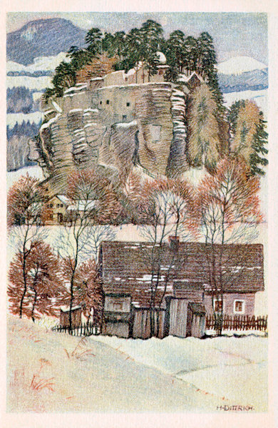 Auf dieser Ansichtskarte von 1930 ist ein winterliches Bild des Poustevnický kámen (Einsiedlerstein) von H. Dittrich.