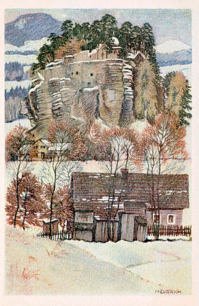 On this picture postcard from 1930 there is a painting of the Poustevnický kámen (Hermite-rock) in winter by H. Dittrich.