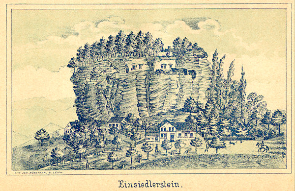 Auf dieser Ansichtskarte aus dem Jahre 1883 ist eine Gesamtansicht auf den Felsblock mit der Einsiedelei.