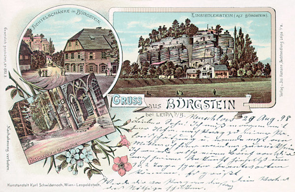 This lithography from 1898 shows the Poustevnický kámen (Hermite-rock) (right), the former roadside inn Fichtelschenke (upper left) and the ravine Modlivý důl near Svojkov (upper left).