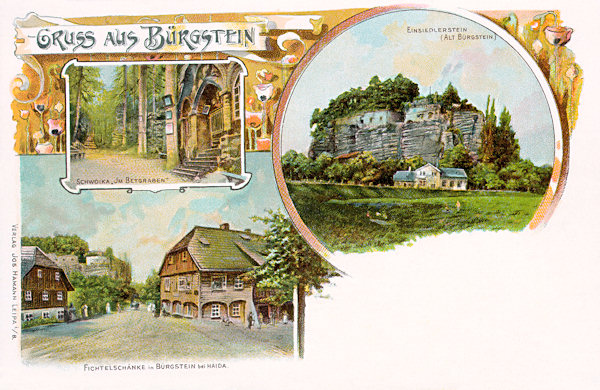 Auf dieser Ansichtskarte von Sloup (Bürgstein) vom Jahre 1906 ist der Poustevnický kámen (Einsiedlerstein) (rechts oben), das ehemalige Einkehrgasthaus Fichtelschenke (links unten) und den Modlivý důl (Betgraben) bei Svojkov (Schwoika) (rechts oben) abgebildet.