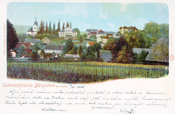 This picture postcard from 1900 shows the central part of the village of Sloup with the church of St. Catherine (left), the schoolhouse and the houses surrounding the castle (right).