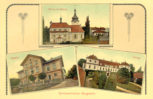 This picture postcard from 1912 shows at the top the church of St. Catherine with the school, at the bottom to the right the Kinsky's castle and to the left the nearby seignorial hotel are shown.