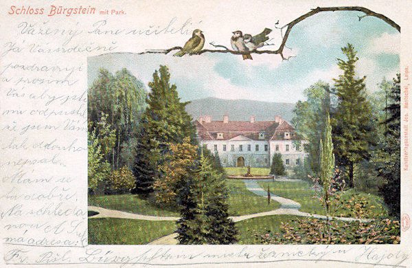 On this picture postcard from 1910 there is the rear front of the castle with the excellent park with the fountain with the sculpture of Neptun by Anton Max in its centre.