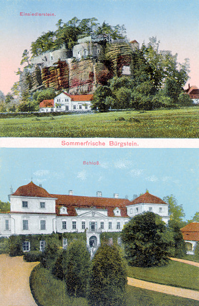 On this picture postcard from the years between the World Wars there is the rock tower formerly named Poustevnický kámen (Hermite-rock) (at the top) and the barocque castle of count Kinsky´s family which got its present appearance in the twenties of the 19th century under count Karel Kinský (below).