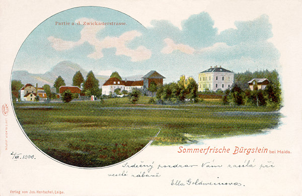 On this picture postcard from the end of the 19th century the houses along of the southern side of the road to Cvikov are shown. In the background there is the Klíč hill.