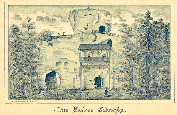 Na obrázku z roku 1883 je zachycen Svojkovský hrádek, jehož skalní místnosti byly tehdy přístupné dřevěnými schody s krytou pavlačí. Na temeni skály byla upravena vyhlídková plošina se zábradlím.