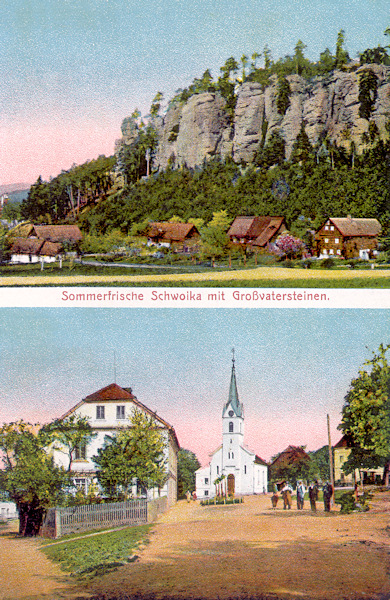 Na pohlednici z roku 1915 je zachycen střed Svojkova s kostelíkem sv. Václava (dole) a vysoké stěny Svojkovských skal nad obcí (nahoře).
