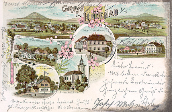 In the upper left part of this picture postcard from 1901 there is an overall view of the village centre below the Ortel-hill and on the upper right its upper part with the Zelený vrch-hill on the horizon. The central circle there shows the school and the former post office, to the right from it is the former local authority and to the left the gendarmerie post. The two bottom pictures show the church St. Peter and Paul (left) and the now defunct wayside inn Lindenberg.