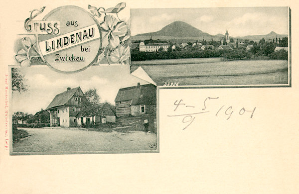 Auf dieser Postkarte aus dem Jahre 1901 ist oben die Ortsmitte mit der Kirche abgebildet, unten sind alte Häuser im Ortsteil „Neustadt“. Beide Häuser brannten aus und an ihrer Stelle wurde später die Gaststätte Oys gebaut, in deren Gebäude sich heute ein Kiosk „U Šímů“ befindet.