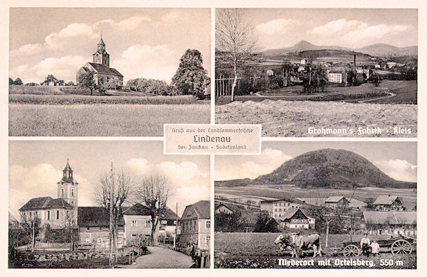 On this picture postcard from World wars 2nd on the left side there is the church St. Peter and Paul and the houses in the village centre with the bridge over the Svitávka-brook. To the upper right is the now demolished area of Grohmann´s factory with the peak of Klíč-hill in the background and below it the southern part of the village with the prominent building of the present site of the Ajeto-glasswork.