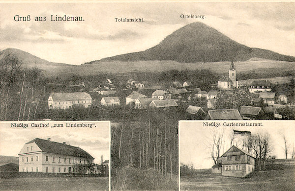 Diese Ansichtskarte von 1911 zeigt die Ortsmitte zwischen der Kirche und dem ehemaligen Niesigschen Gasthause „Zum Lindenberg“, das auch auf dem kleinen Bild links gezeigt wird. Rechts ist die benachbarte, von Linden, die später unter Naturschutz gestellt worden sind, umgebene Ausflugsgaststätte Lindenberg. Keine diese Gaststätten steht heute mehr.