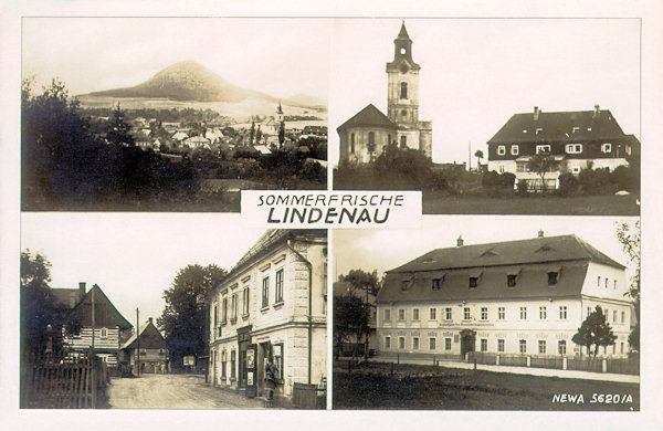 On this picture postcard from the years between World wars 1st and 2nd in the upper left there is an overall view of Lindava with the Ortel-hill in the background, under it there are the houses in the centre of the village below the church. To the upper right there is the church of St. Petrus and Paulus', with the presbytery and on the bottom the still existing house of the former youth holiday centre.