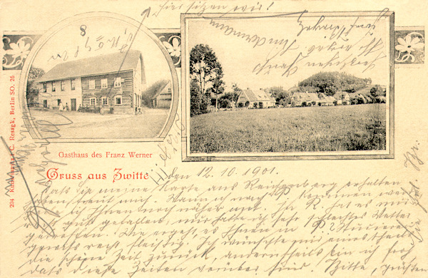 On this picture postcard from 1901 on the right there is an overall look of the village and on the left the former restaurant of Franz Werner.