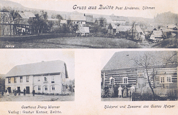 Auf dieser Ansichstkarte von um 1900 ist oben die Ansicht der ganzen Gemeinde vom Südwesten, auf den Bildchen unten ist das ehemalige Werner'sche Gasthaus No. 30 (links) und Kutzers Bäckerei No. 36 (rechts).