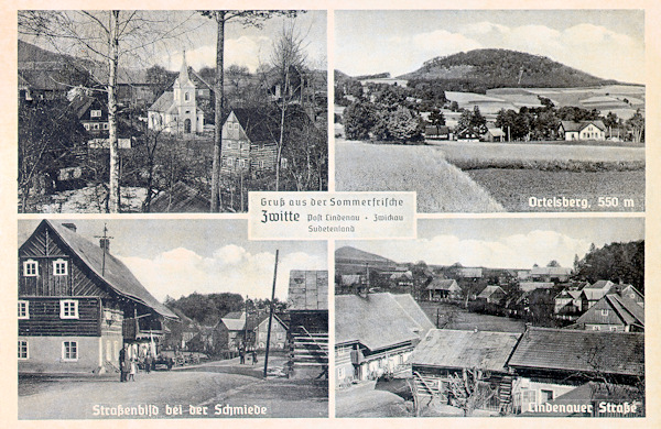 This picture postcard of Svitava from the years of World War Two shows on the pictures above the central part of the village with the new chapel of the Assumption of Virgin Mary and the Ortel hill with the school in the foreground. In the lower part there are the houses at the road to Lindava with the former blacksmithery No. 32 (on both these pictures to the left).