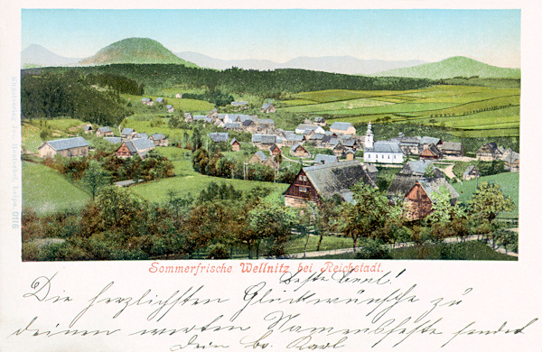 On this picture postcard from 1900 there is a total view of Velenice with the St. Trinity church. The prominent hills in the background are the Ortel in the northwest from the village and the Klíč behind it.