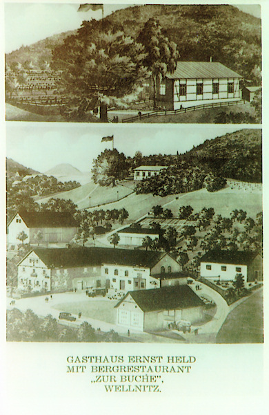 Na dolním obrázku vidíme výstavný hostinec Ernsta Helda v jižní části obce, nad nímž stál na svahu Velenického kopce menší výletní hostinec „U buku“. Dnes již ani jeden z nich neexistuje.