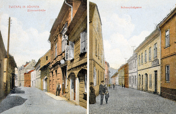Na této pohlednici vidíme dvě staré městské ulice. Zatímco vzhled Žitavské ulice (vlevo) po 2. světové válce značně utrpěl přestavbami a demolicemi některých domů, nynější Kollárova ulice (vpravo) si dodnes uchovala svůj původní ráz, který získala po velkém požáru v roce 1820.