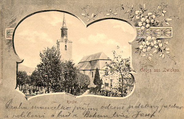 Pohlednice z konce 19. století zachycuje kostel sv. Alžběty ve Cvikově, obklopený starým hřbitovem, zrušeným v roce 1890.