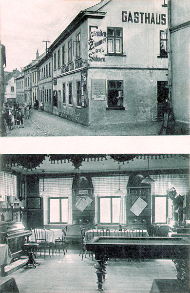 On this picture postcard there is the former restaurant „Zur Sonne“ (Sun), No. 169 in the street now named Kollárova ulice. For several years before World War Two it belonged to the family Weikert and some years after the war there was the restaurant „U Sadílků“. The lower fotograf of the house is from 2003.