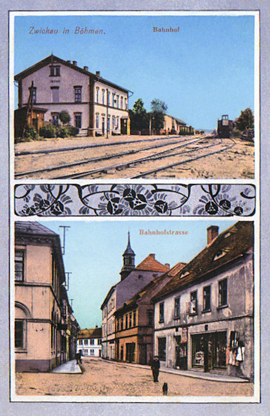 Na této pohlednici je nahoře bývalé cvikovské nádraží, uvedené do provozu v září 1886. Dolní obrázek zachycuje bývalou Kostelní ulici.