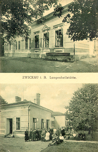 Tato pohlednice zachycuje jeden z pavilonů bývalé plicní léčebny, založené dr. Hornerem roku 1905 při zdejší nemocnici pod Kalvárií. Dům dodnes stojí, ale jeho podoba byla pozdějšími přestavbami značně změněna.