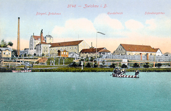 Na pohlednici z roku 1917 vidíme městský pivovar, postavený v roce 1867 při silnici do Jablonného. V popředí zachycený Hoffmannův rybník, využívaný jako koupaliště s lodičkami, byl zrušen kolem roku 1938.