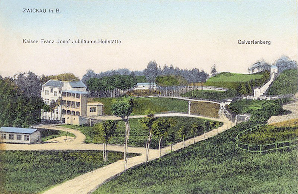 Na pohlednici z roku 1912 vidíme areál tehdejší Jubilejní léčebny císaře Františka Josefa s Kalvárií v pozadí.