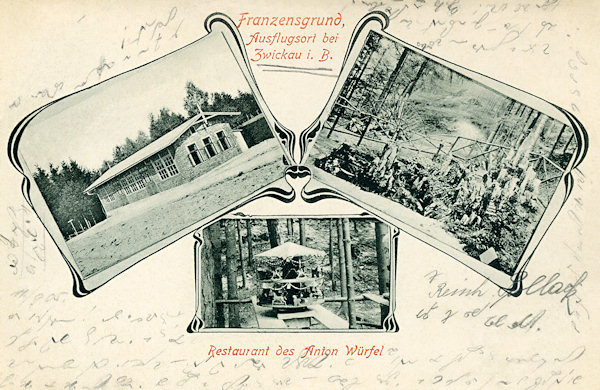 Na pohlednici z počátku 20. století vidíme restauraci Antona Würfela a další dva záběry z oblíbeného výletního místa ve Františkově údolí pod Kalvárií.