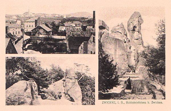 This picture postcard besides the stone bridge in Cvikov shows two points of the Dutý kámen - ridge. The right picture shows the highest rock tower with its hollow which gave the whole ridge its name and to the lower left there is the look-out platform „Karolinin odpočinek“ with its stone bank.