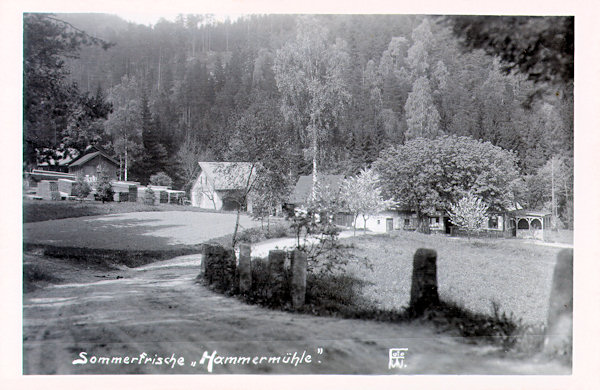 Diese Ansichtskarte aus den Jahren zwischen den Kriegen zeigt das zwischen den Bäumen stehende Gasthaus „Zur Hammermühle“ mit den Gebäuden der ehemaligen Oberen Sägemühle im Hintergrund. De Strasse im Vordergrund führt nach Naděje (Hoffnung).