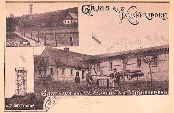 This picture postcard from the turn of the 19th and 20th century shows the former restaurant „North pole“ with its wooden look-out tower built 1899 on the peak of the Kovářský vrch hill. In the autum of the following year during a thunder-storm the tower was destroyed and after 1945 disappeared also the restaurant.